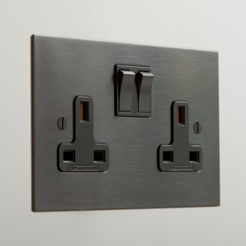 2 Gang 13A Switched Socket with Metal Rocker in Antique Bronze with Black Insert