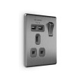 Screwless 1 Gang 13A Switched Socket + 2 x USB type A (2.1A) Charger Brushed Steel Grey Trim Flat Plate BG Nexus FBS21U2G