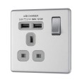 Screwless 1 Gang 13A Switched Socket + 2 x USB type A (2.1A) Charger Brushed Steel Grey Trim Flat Plate BG Nexus FBS21U2G