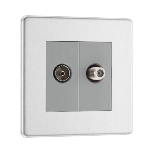 Screwless 2 Gang TV/FM and Satellite Socket Brushed Steel Flat Plate Grey Trim BG Nexus FBS65-01