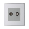 Screwless 2 Gang TV/FM and Satellite Socket Brushed Steel Flat Plate Grey Trim BG Nexus FBS65-01