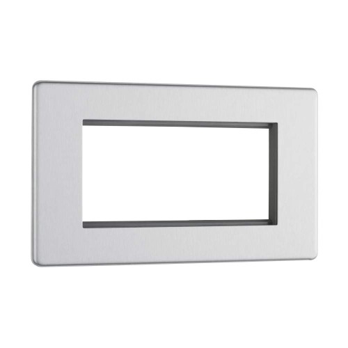 Screwless 2 Gang 4 Module Euro Plate in Brushed Steel Flat Plate, BG Nexus FBSEMR4-01 Cover Plate