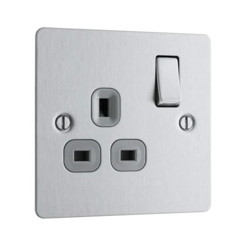 1 Gang 13A Switched Single DP Socket Brushed Steel Metal Flat Plate with Screws, BG Nexus SBS21G