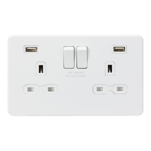 2 Gang SP Switched Socket with 2x USB-A (5V DC 2.4A shared) Matt White Screwless Plate with White Trim Knightsbridge SFR9224MW