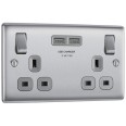 2 Gang 13A Switched Socket with 2 USB type A Sockets (3.1A 5V) Brushed Steel Grey Trim Slim Profile BG Nexus NBS22U3G