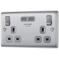 2 Gang 13A Switched Socket with 2 USB type A Sockets (3.1A 5V) Brushed Steel Grey Trim Slim Profile BG Nexus NBS22U3G