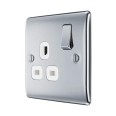 1 Gang 13A Single Switched Socket in Polished Chrome Raised Plate White Plastic Trim, BG Nexus NPC21W-01