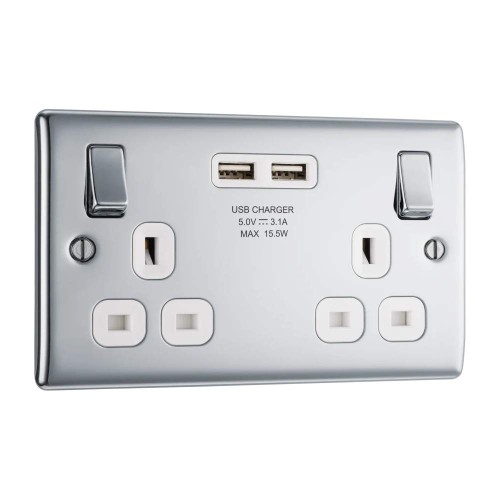 2 Gang 13A Switched Socket with 2 USB-A Sockets (3.1A 5V) Polished Chrome with White Trim Slim Profile BG Nexus NPC22U3W-01