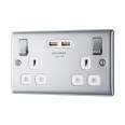 2 Gang 13A Switched Socket with 2 USB-A Sockets (3.1A 5V) Polished Chrome with White Trim Slim Profile BG Nexus NPC22U3W-01