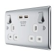 2 Gang 13A Switched Socket with 2 USB-A Sockets (3.1A 5V) Polished Chrome with White Trim Slim Profile BG Nexus NPC22U3W-01