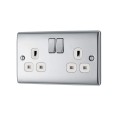 2 Gang 13A Double Pole Switched Socket in Polished Chrome with White Trim Raised Plate, BG Nexus NPC22W-01