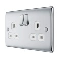 2 Gang 13A Double Pole Switched Socket in Polished Chrome with White Trim Raised Plate, BG Nexus NPC22W-01