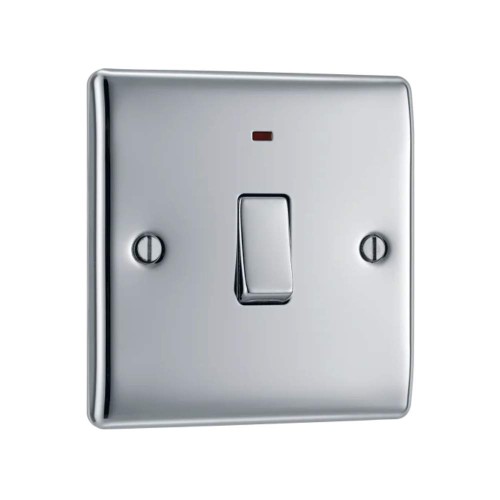 1 Gang 20A Double Pole Switch with Indicator in Polished Chrome Raised Plate, BG Nexus NPC31-01