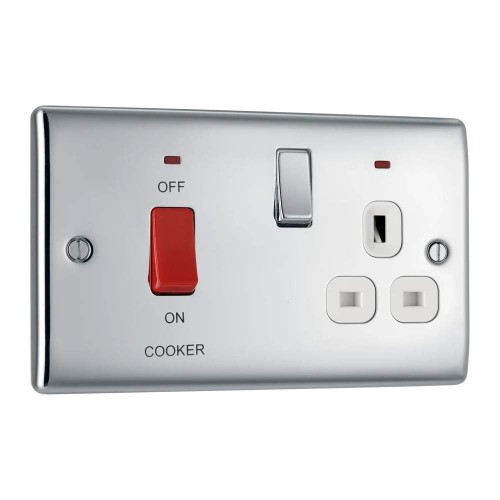 45A Red Rocker Cooker Switch and Switched 13A Socket with Indicators Polished Chrome Raised Plate White Trim BG Nexus Metal NPC70W-01