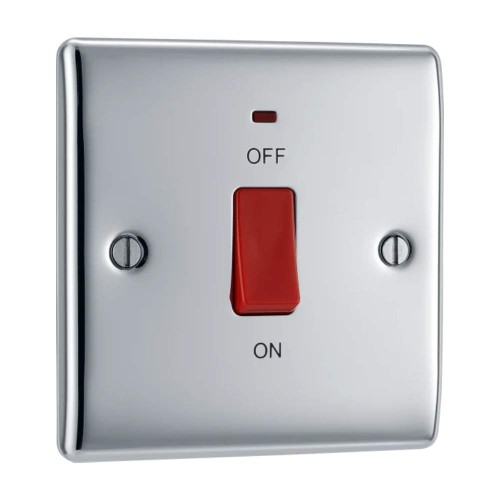 45A DP Cooker Control Unit Red Rocker Switch with Indicator Single Plate Polished Chrome Raised Plate BG Nexus Metal NPC74-01