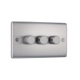 3 Gang 2 Way Push Trailing Edge Intelligent LED Dimmer 5-100W BG Nexus NBS83-01 Brushed Steel Raised Plate