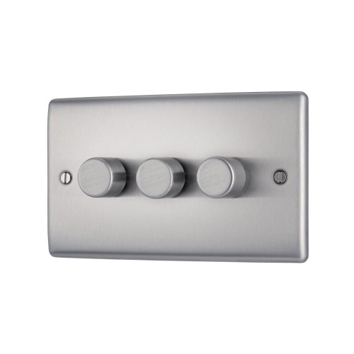 3 Gang 2 Way Push Trailing Edge Intelligent LED Dimmer 5-100W BG Nexus NBS83-01 Brushed Steel Raised Plate