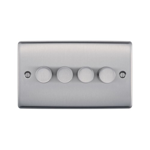 4 Gang 2 Way Push Trailing Edge Intelligent LED Dimmer 5-100W BG Nexus NBS84-01 Brushed Steel Raised Plate