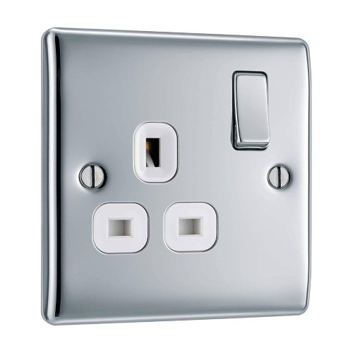 1 Gang 13A Single Switched Socket in Polished Chrome Raised Plate White Plastic Trim, BG Nexus NPC21W-01