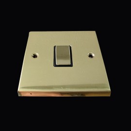 1 Gang 2 Way 10A Rocker Switch in Polished Brass Raised Plate with Black Trim Victorian Elite