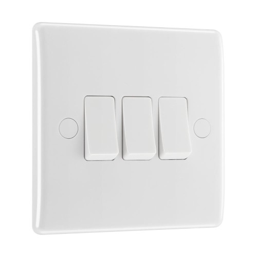 3 Gang 2 Way 20A 16AX Triple Switch in White Moulded with Rounded Edge BG Nexus 843