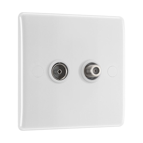 Satellite and Co-Axial Socket in Moulded White with Round Edges, BG Nexus 865 SAT and FM/TV outlet