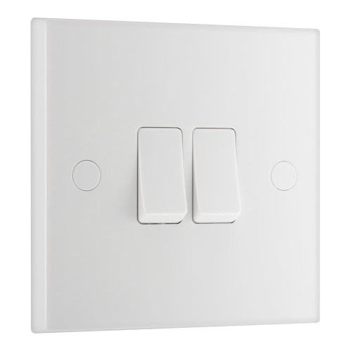 2 Gang 2 Way 20A 16AX Rocker Switch Moulded White Square Edge, BG Nexus 942 White Plastic