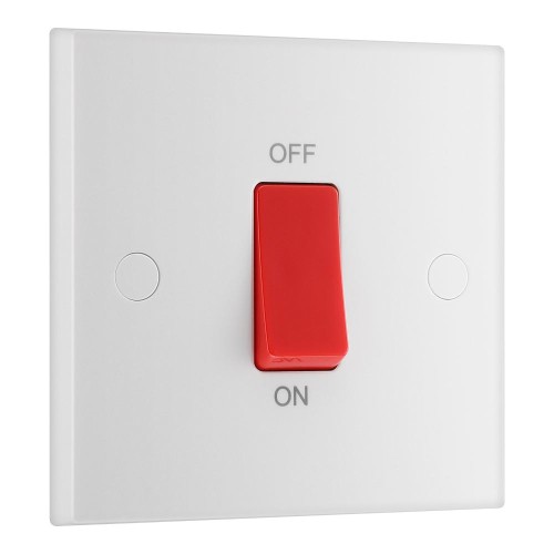 1 Gang 45A Double Pole Red Rocker Single Switch White Moulded Square Edge BG Electrical 975