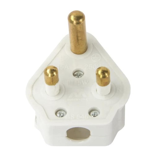 15A Round Pin Plug in White with Sleeved Pins BS546, Round Pin Sleeved Plug