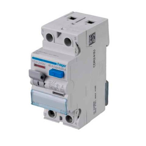 Hager CDA240U Double Pole 40A 30mA RCCB 2P A Class, Hager Residual Current Circuit Breaker