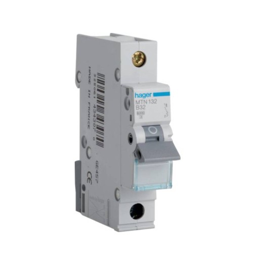 Hager MTN132 32A 1 Pole Type B 6kA Miniature Circuit Breaker, Single Pole MCB