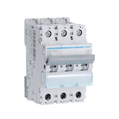 Hager NDN350A 50A Type D 10kA Triple Pole MCB, 3 Module MCB 3P 10kA/15kA D-50A 3M