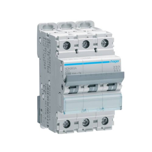 Hager NDN363A 63A Type D 10kA Triple Pole MCB, 3 Module MCB 3P 10kA/15kA D-63A 3M