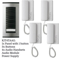 BPT 4 Way Audio Door Entry Kit: Targha 4 Button Panel + 4 White Agata Handsets + Audio Module and Power Supply