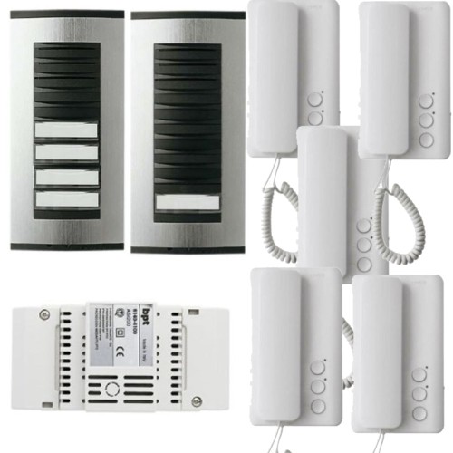 BPT 5 Way Audio Door Entry Kit: 2 Targha Panels with 5 Buttons, 5 White Agata C200 Handsets, Audio Module, and Power Supply