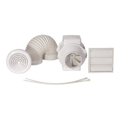 Airflow Aventa In-Line Shower Fan Kit with Timer AV 100T, 6m Flex Duct, Ties, Extract Valve, and External Grille, Airflow 9041407 Mixed Flow Fan